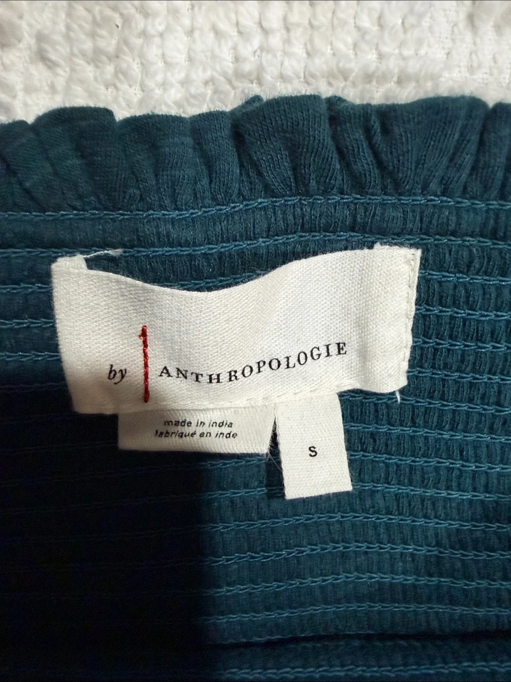Anthropologie Teal Smocked Off-Shoulder Crop Top with Embroidered Puff Sleeves